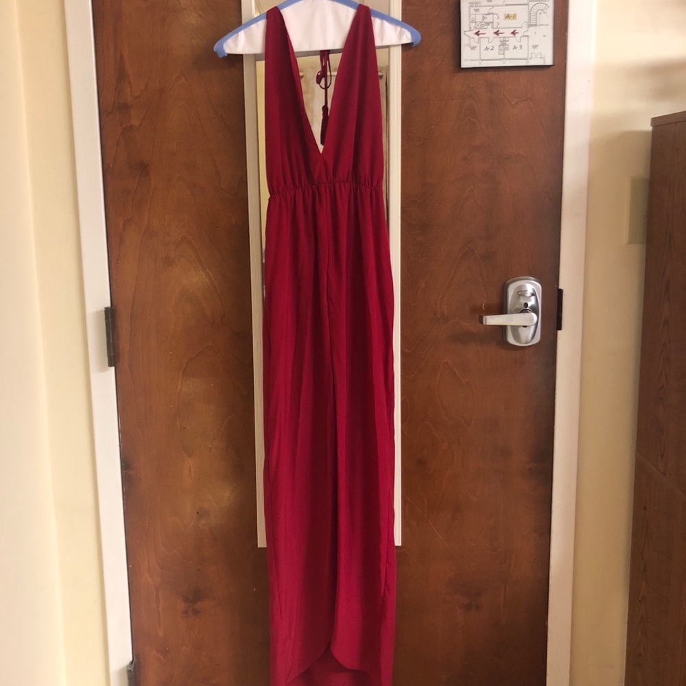 Deep v neck red formal dress with low cut back